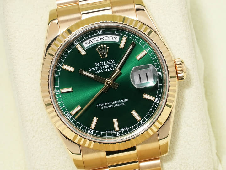 ロレックス デイデイト36 Ref.118238 イエローゴールド グリーン文字盤 美中古 tpmksz47