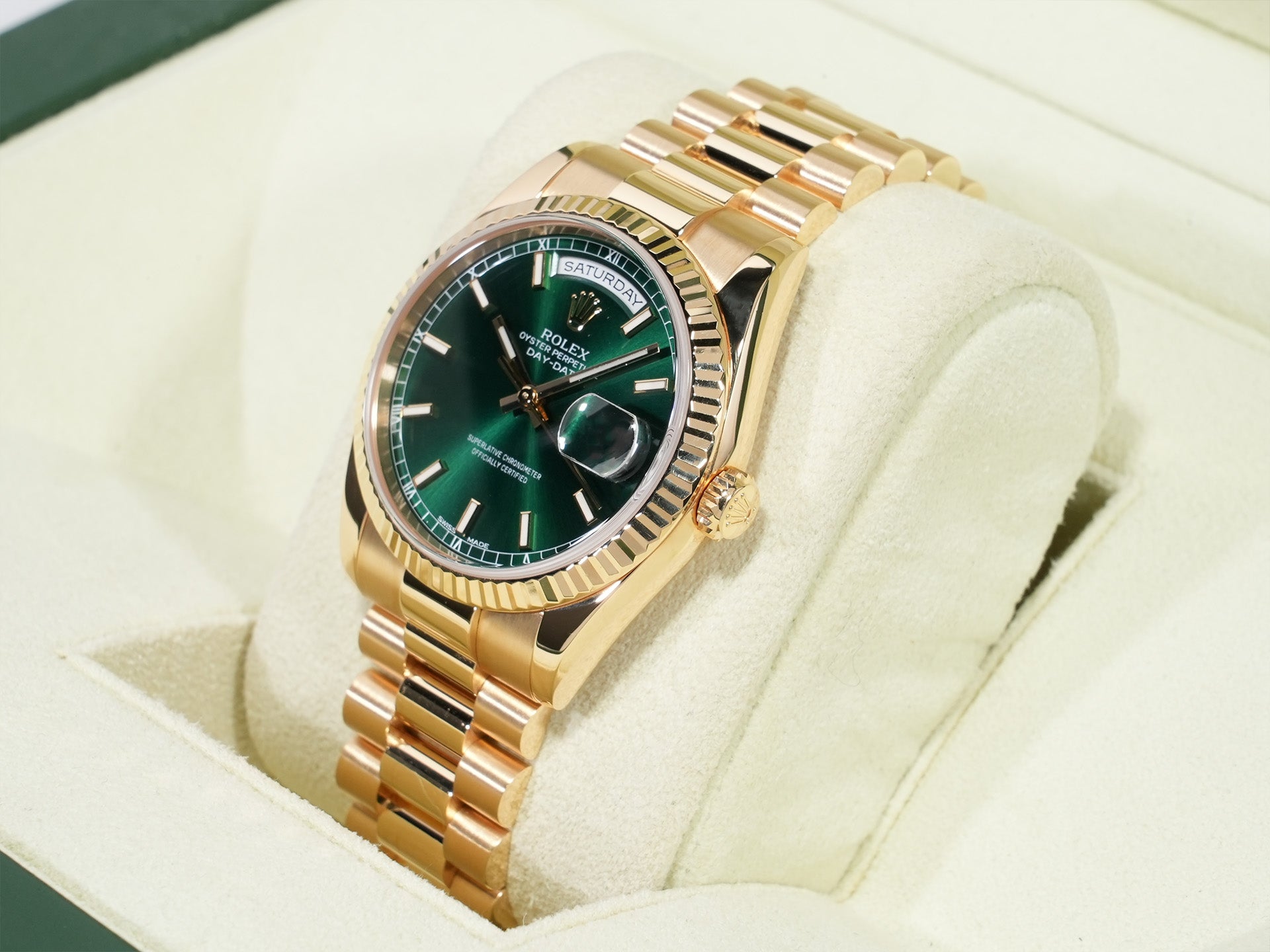 ロレックス デイデイト36 Ref.118238 イエローゴールド グリーン文字盤 美中古 tpmksz47