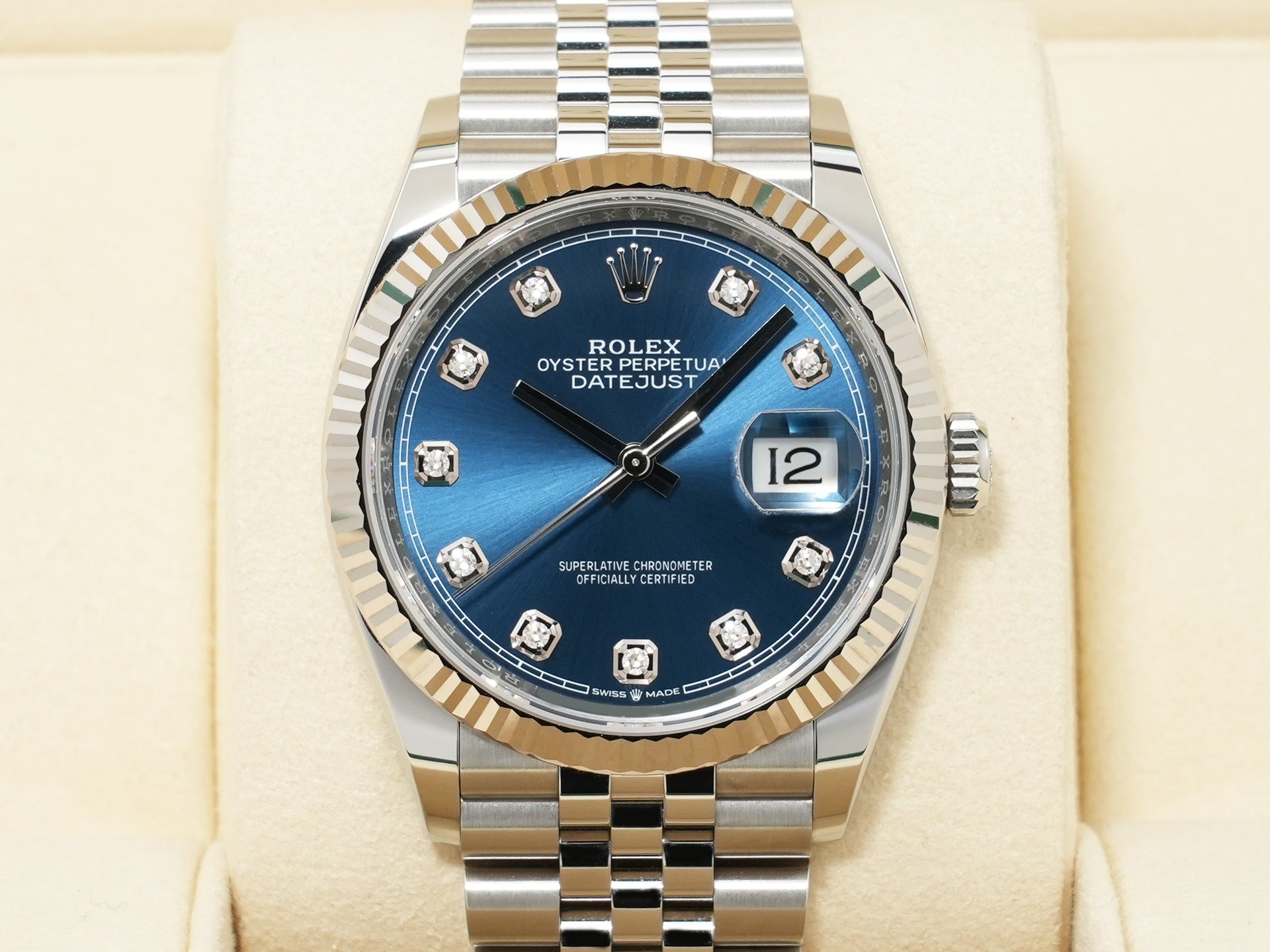 ロレックス デイトジャスト36 Ref.126234G ステンレススチール/ホワイトゴールド ブライトブルーx10Pダイヤ文字盤 ジュビリーブレスレット 美中古 ukhag7nh
