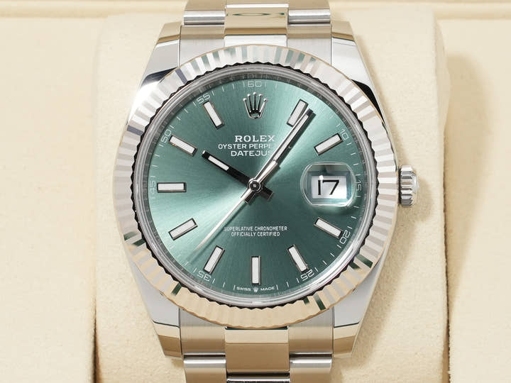 ロレックス デイトジャスト41 Ref.126334 ステンレススチール/ホワイトゴールド ミントグリーン文字盤 オイスターブレスレット 未使用 zoykzqku