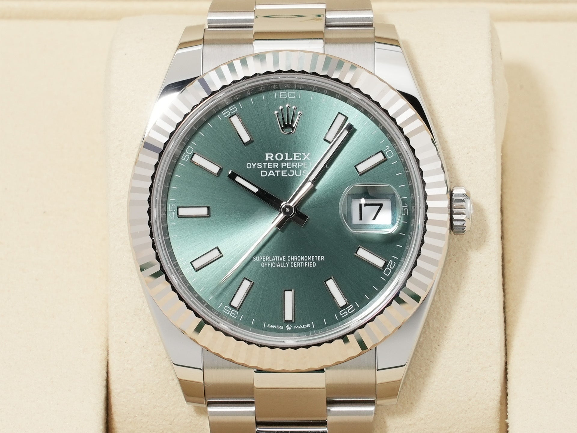 ロレックス デイトジャスト41 Ref.126334 ステンレススチール/ホワイトゴールド ミントグリーン文字盤 オイスターブレスレット 未使用 zoykzqku