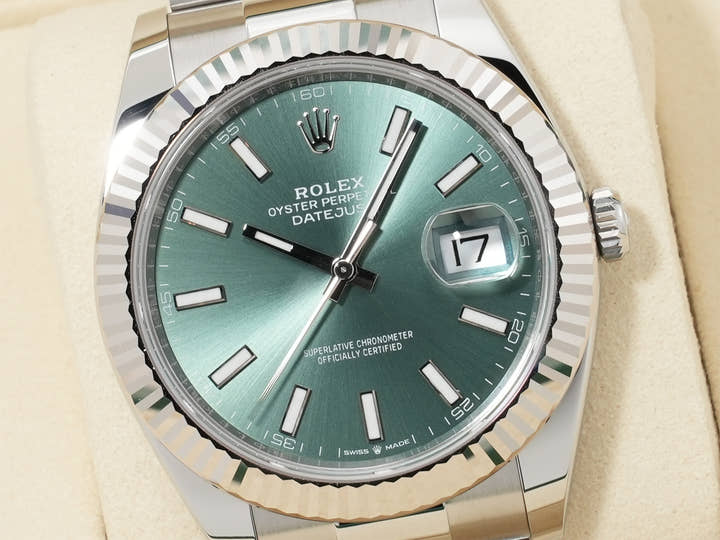 ロレックス デイトジャスト41 Ref.126334 ステンレススチール/ホワイトゴールド ミントグリーン文字盤 オイスターブレスレット 未使用 zoykzqku