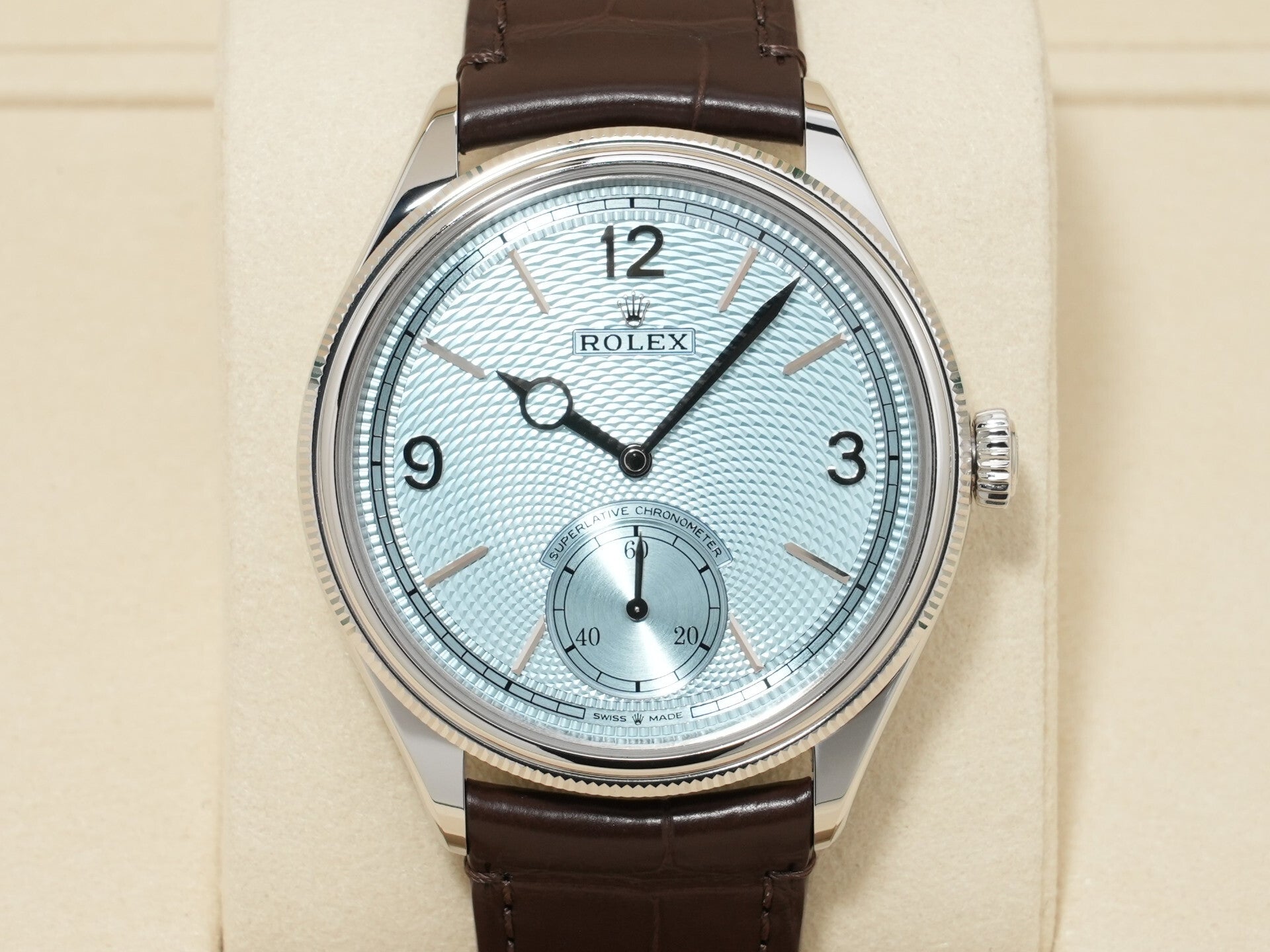 ロレックス 1908 Ref.52506 プラチナ アイスブルー文字盤 革ベルト 未使用 je834vwf