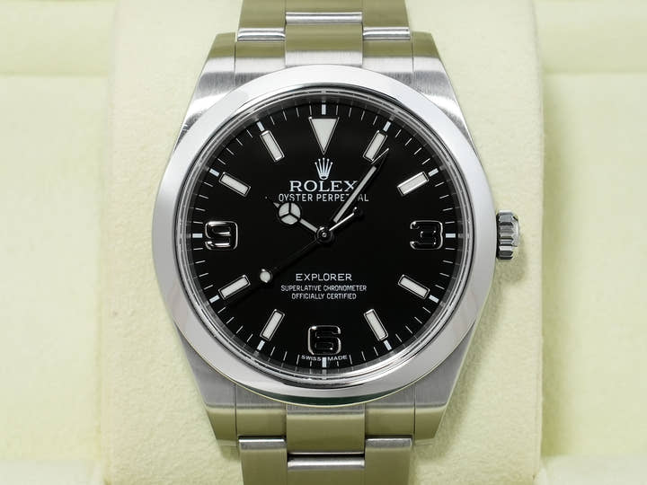 ロレックス エクスプローラーI 鏡面ブラックアウト Ref.214270 ステンレススチール ブラック文字盤 オイスターブレスレット 中古 egy3gcvh