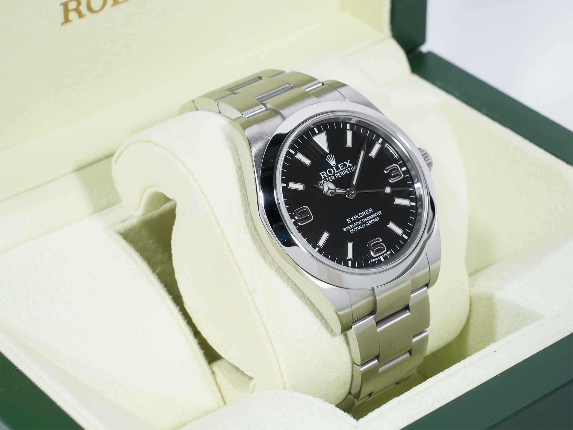 ロレックス エクスプローラーI 鏡面ブラックアウト Ref.214270 ステンレススチール ブラック文字盤 オイスターブレスレット 中古 egy3gcvh