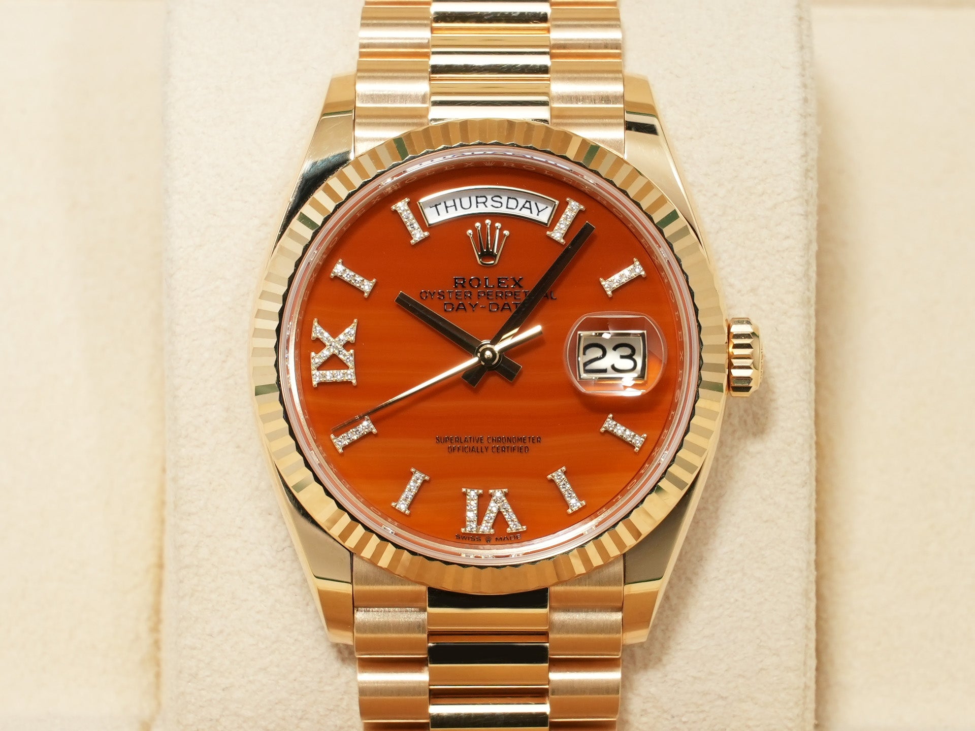 ロレックス デイデイト36 Ref.128238 イエローゴールド カーネリアン文字盤 中古 junm9xpu