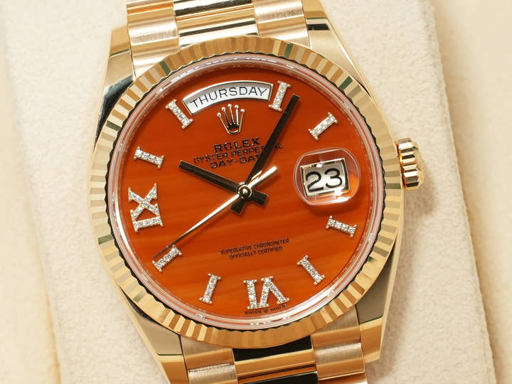 ロレックス デイデイト36 Ref.128238 イエローゴールド カーネリアン文字盤 中古 junm9xpu
