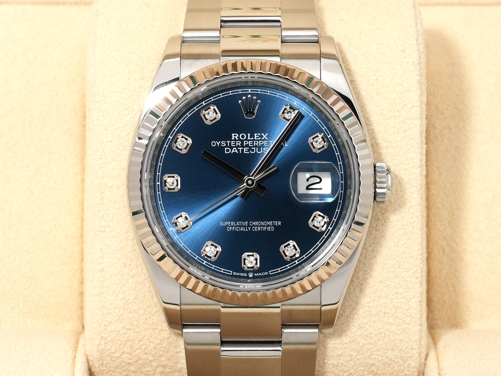 ロレックス デイトジャスト36 Ref.126234G ステンレススチール/ホワイトゴールド ブライトブルーx10Pダイヤ文字盤 オイスターブレスレット 美品 o9cn45i4