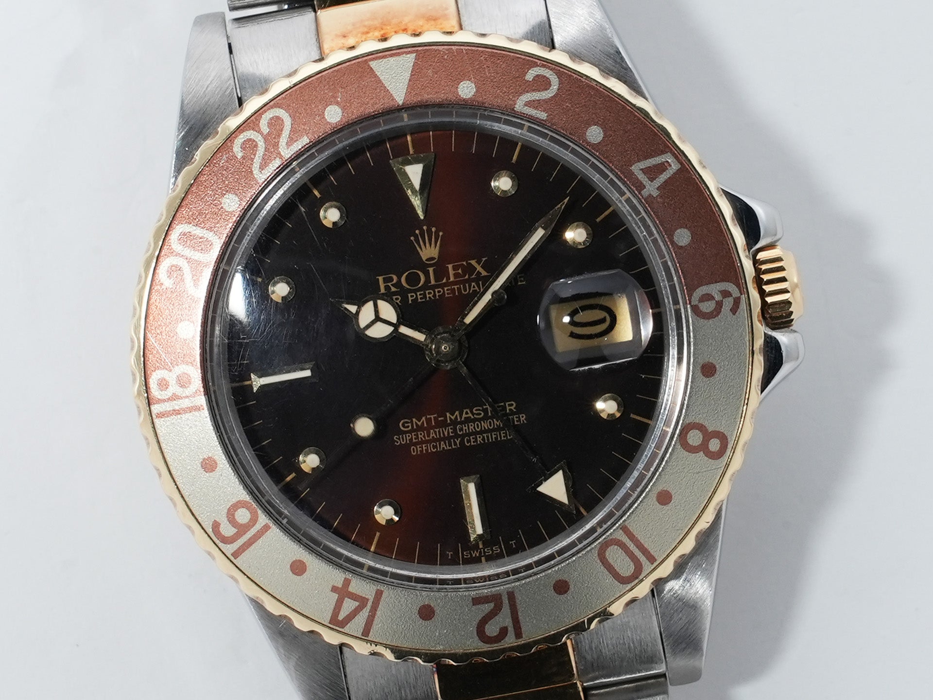 Rolex GMT-Master Ref. 16753 Stainless Steel/Yellow Gold Brown Dial Oyster Bracelet Used e4pi6upm