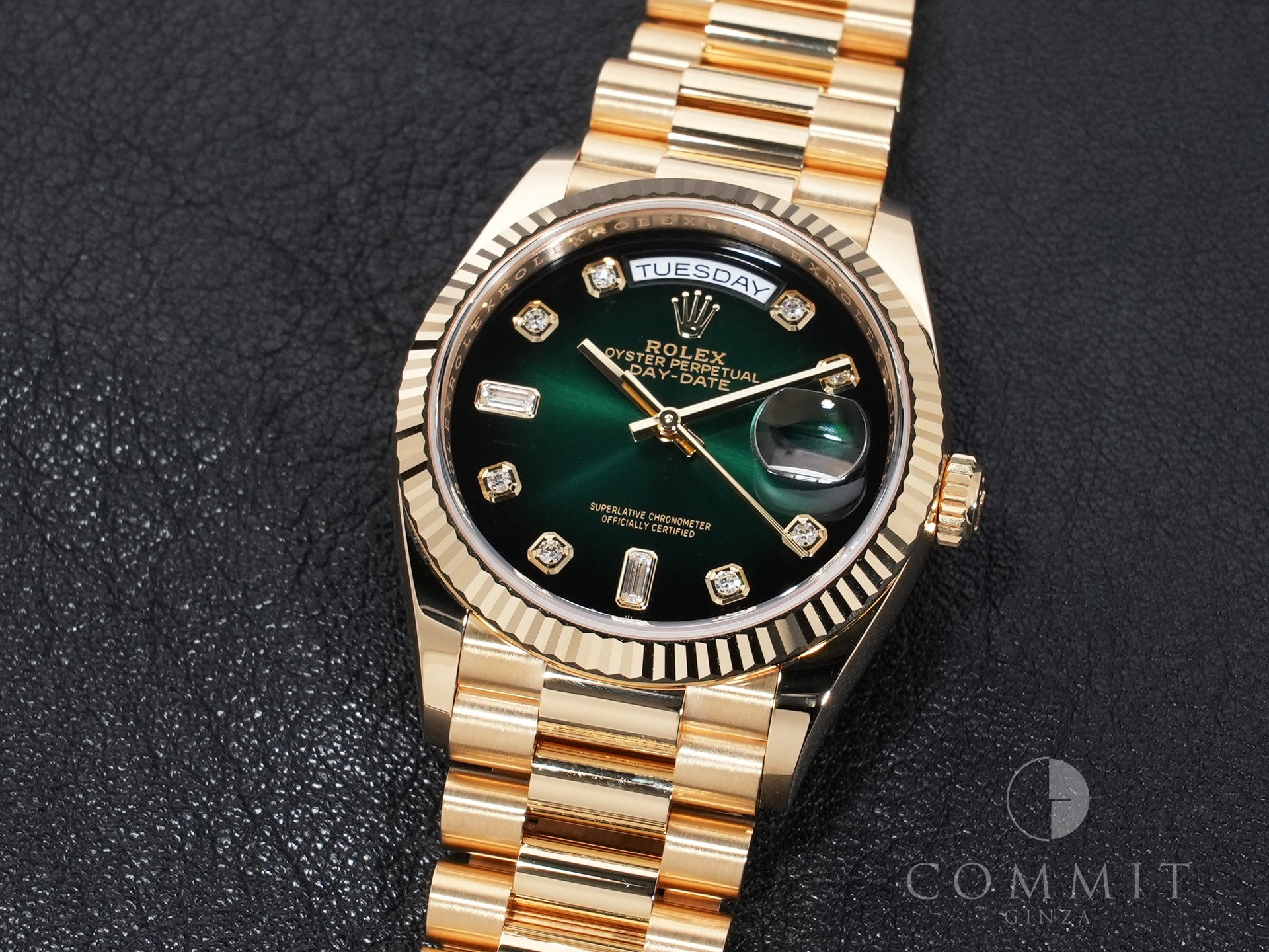 Rolex Day-Date 36 Ref. 128238A Yellow Gold Green Ombre Dial Pre-Owned c4e2867z