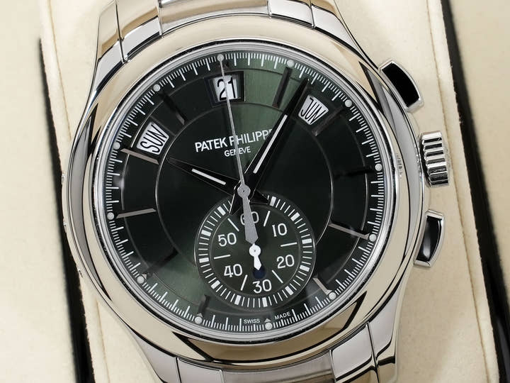 パテックフィリップ アニュアルカレンダー クロノグラフ Ref.5905/1A-001 ステンレススチール オリーブグリーン ソレイユ文字盤 未使用 kppiiezt