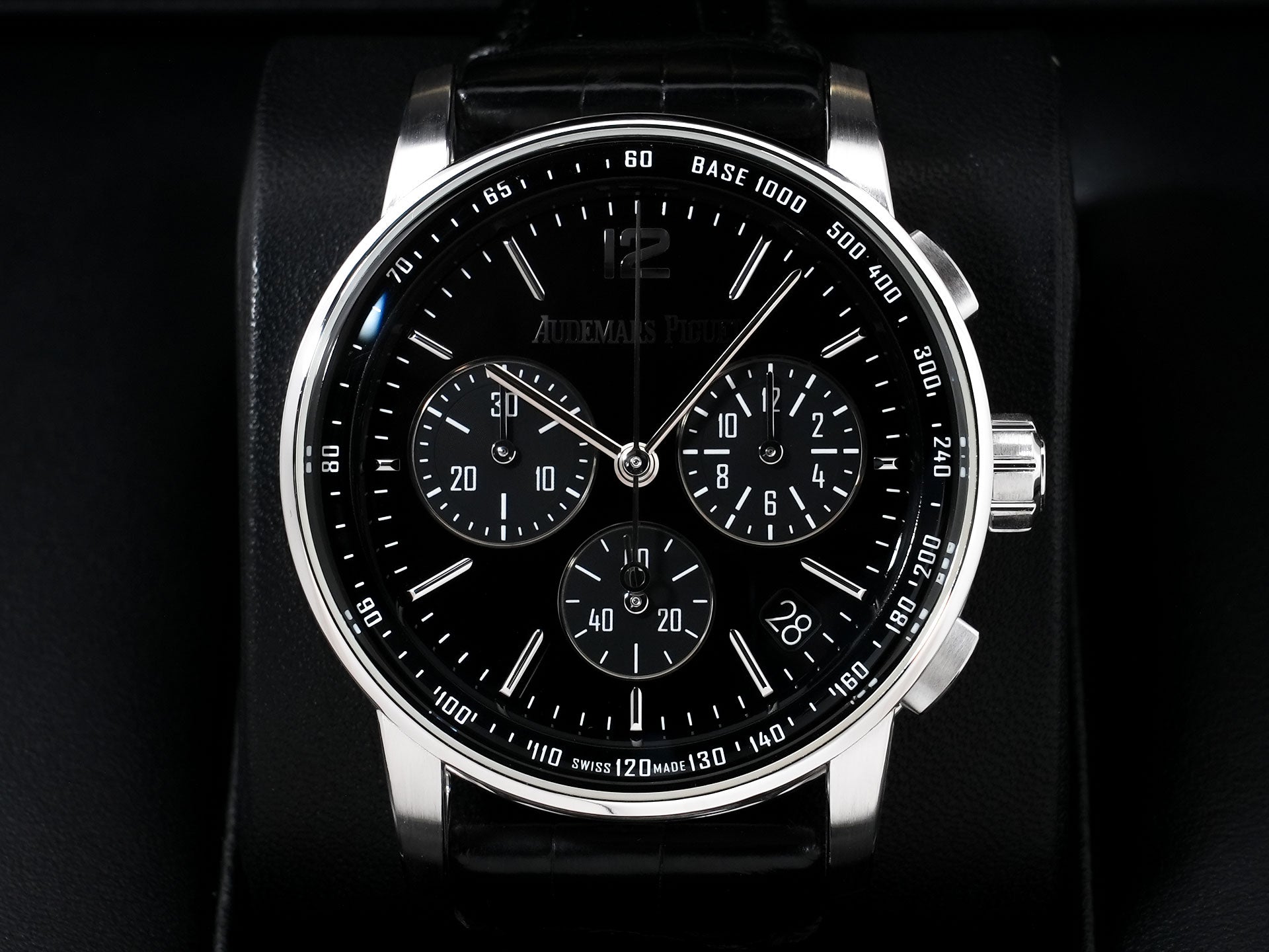 Audemars Piguet CODE 11.59 by Audemars Piguet Chronograph Ref. 26393BC.OO.A002CR.01 White Gold Black Lacquer Dial Excellent Condition u92uhfzs