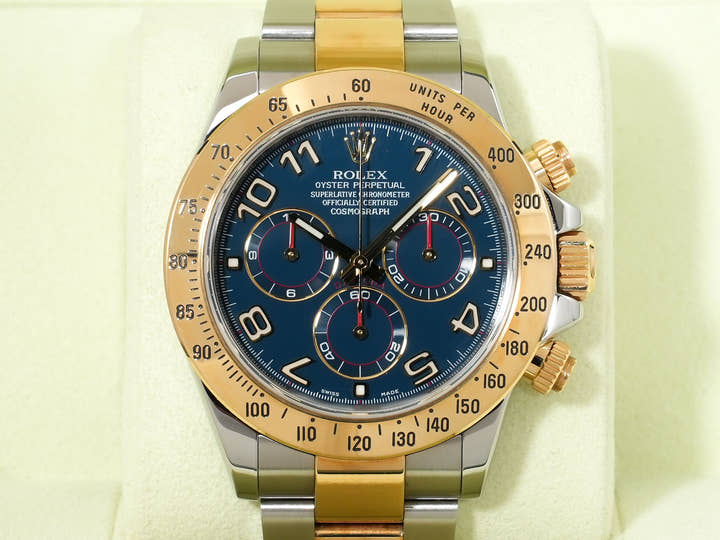 ロレックス デイトナ Ref.116523 ステンレススチール/イエローゴールド ブルーアラビア文字盤 極美品 nbu3563y