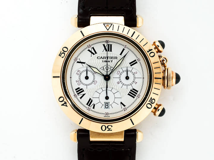 カルティエ パシャ クロノグラフ 38mm 150周年記念モデル Ref.W30X7651 イエローゴールド ホワイト文字盤 中古 xgi5pkzr
