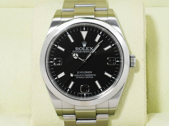 ロレックス エクスプローラーI 鏡面ブラックアウト Ref.214270 ステンレススチール ブラック文字盤 オイスターブレスレット 中古 nfachd96