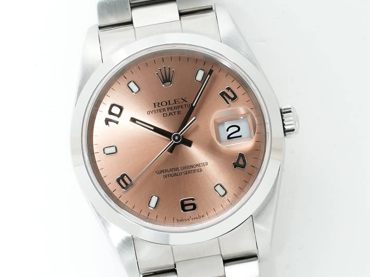 ロレックス オイスターパーペチュアルデイト Ref.15200 ステンレススチール ピンクアラビア文字盤 中古 ien59jd4