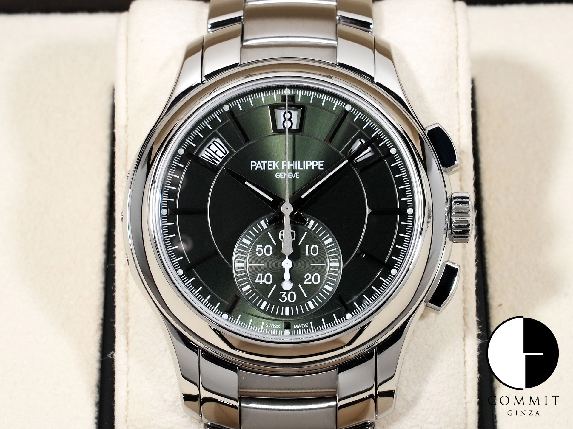 パテックフィリップ アニュアルカレンダー クロノグラフ Ref.5905/1A-001 ステンレススチール オリーブグリーン ソレイユ文字盤 美中古 ru8gg3p9