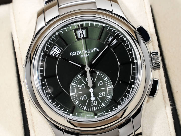 パテックフィリップ アニュアルカレンダー クロノグラフ Ref.5905/1A-001 ステンレススチール オリーブグリーン ソレイユ文字盤 美中古 ru8gg3p9