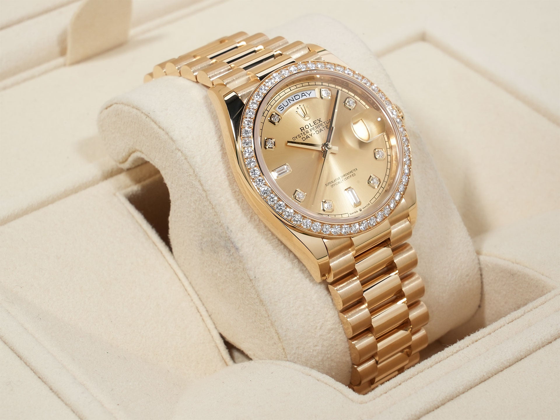 Rolex Day-Date 36 Ref. 128348RBR Yellow Gold Champagne Dial with Diamonds Excellent Used Condition w5nbiinn