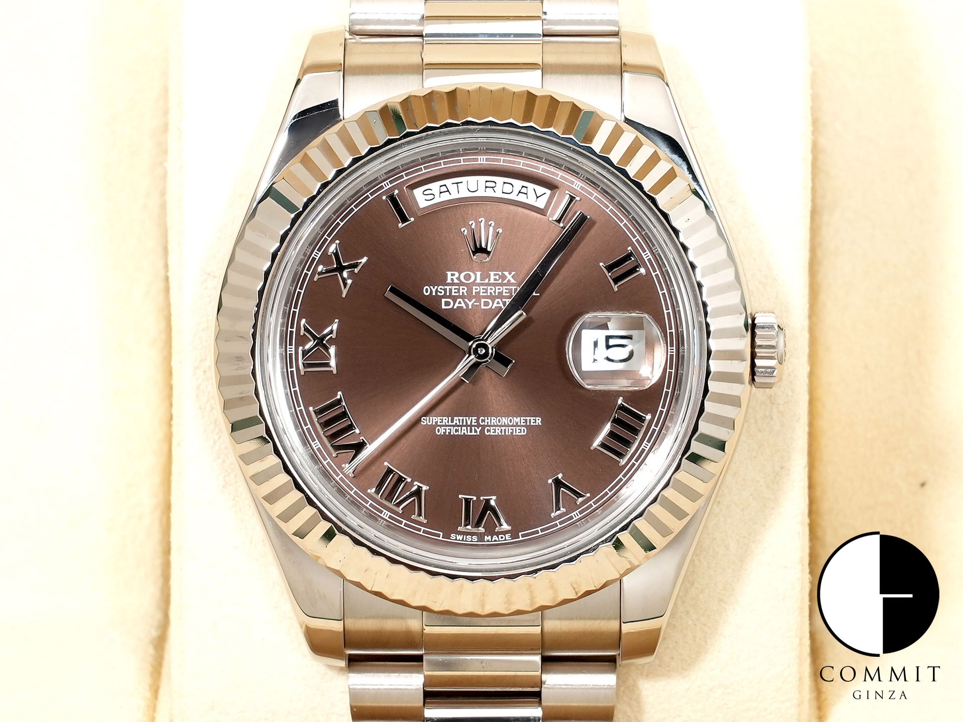 ROLEX Day-Date II Ref. 218239 White Gold Chocolate Roman Dial Excellent Condition bsyn8rsn