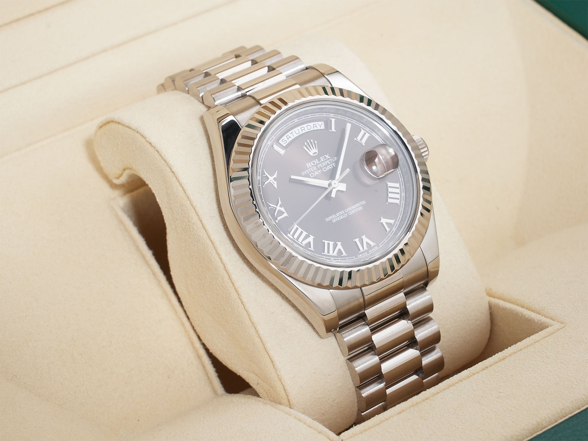 ROLEX Day-Date II Ref. 218239 White Gold Chocolate Roman Dial Excellent Condition bsyn8rsn