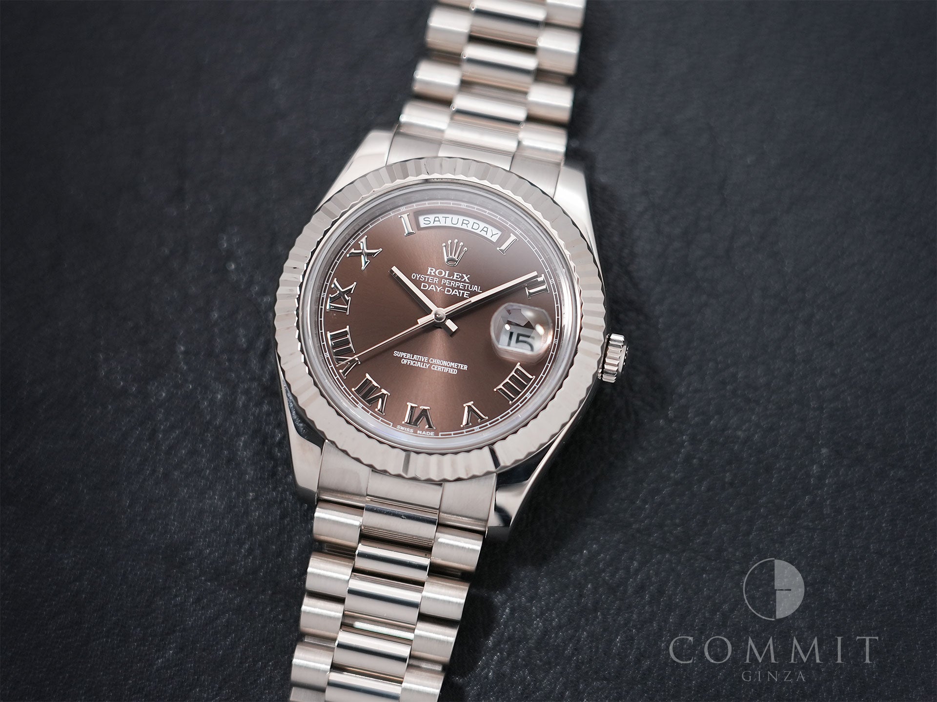 ROLEX Day-Date II Ref. 218239 White Gold Chocolate Roman Dial Excellent Condition bsyn8rsn