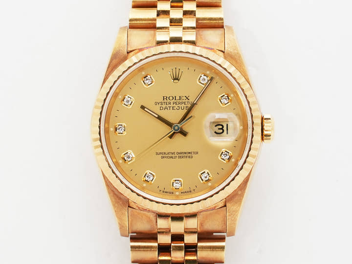 Rolex Datejust 36 Ref. 16238G Yellow Gold Champagne Gold x 10P Diamond Dial Jubilee Bracelet Used ruucyag7