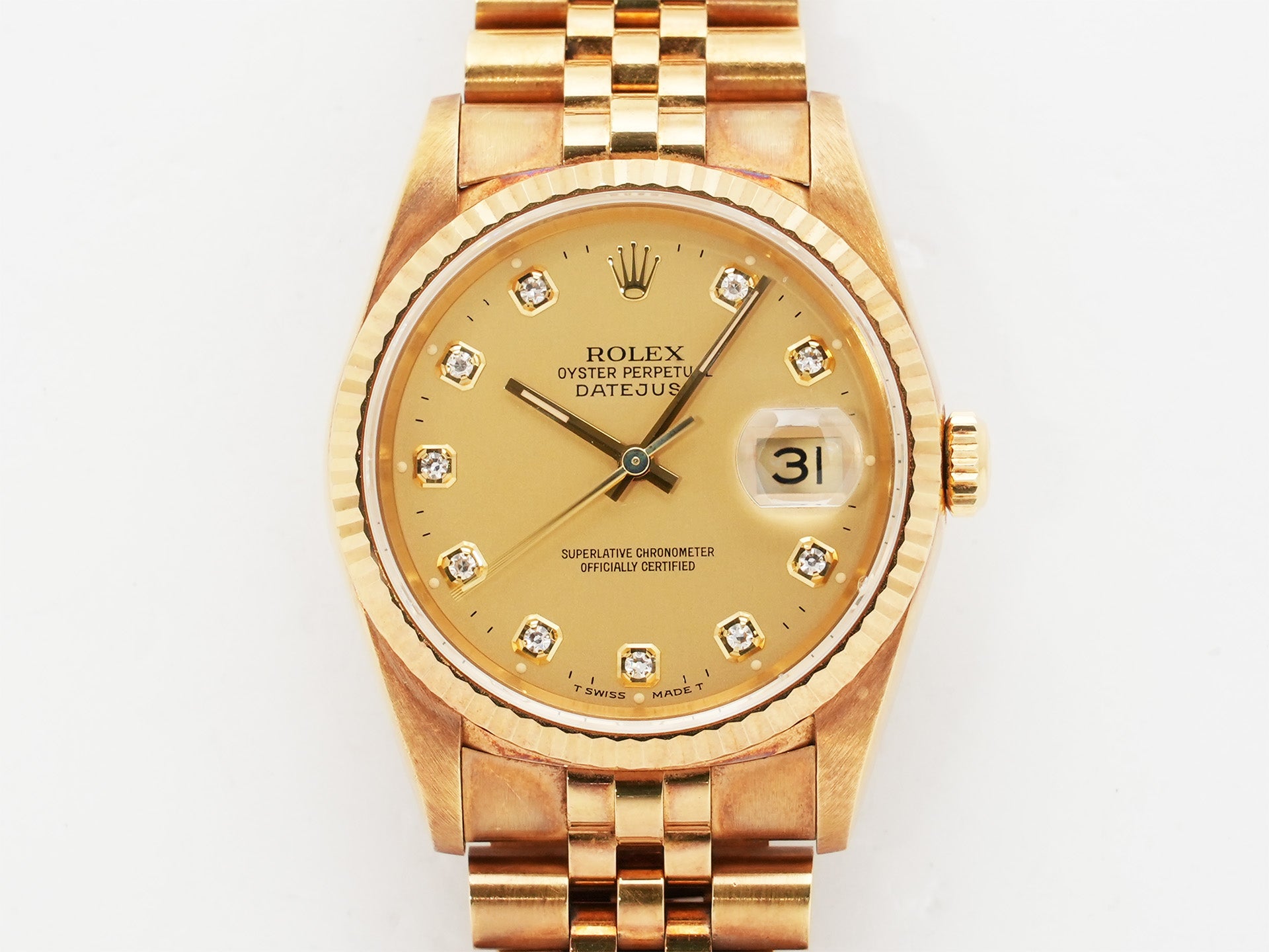 Rolex Datejust 36 Ref. 16238G Yellow Gold Champagne Gold x 10P Diamond Dial Jubilee Bracelet Used ruucyag7