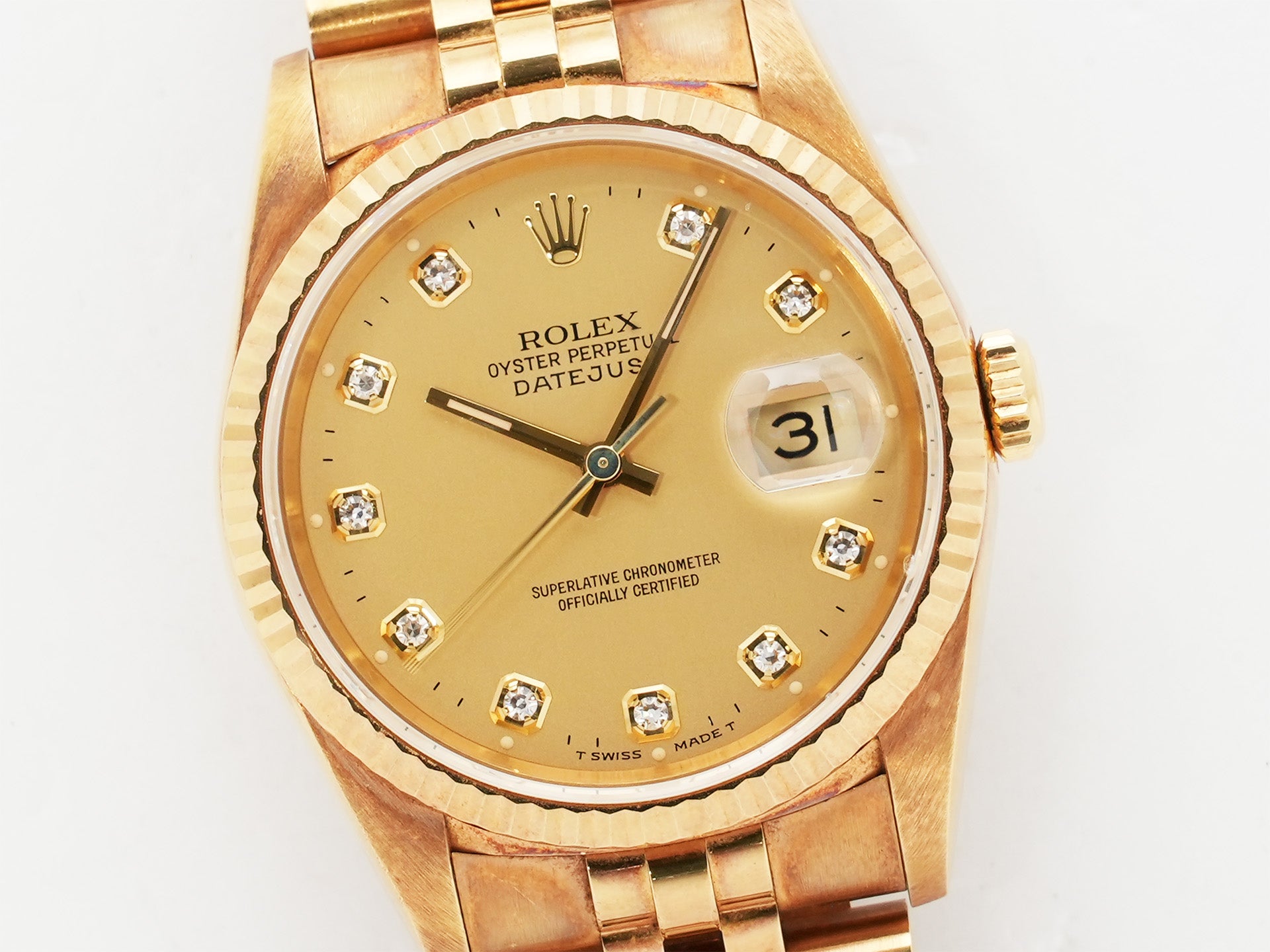 Rolex Datejust 36 Ref. 16238G Yellow Gold Champagne Gold x 10P Diamond Dial Jubilee Bracelet Used ruucyag7
