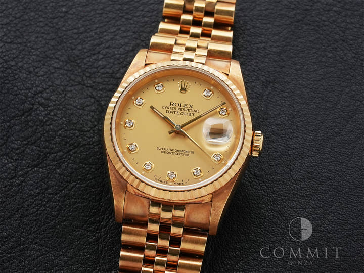 Rolex Datejust 36 Ref. 16238G Yellow Gold Champagne Gold x 10P Diamond Dial Jubilee Bracelet Used ruucyag7