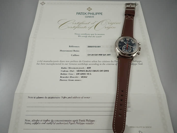 Patek Philippe Annual Calendar Chronograph Ref. 5960/01G-001 White Gold Blue Dial
