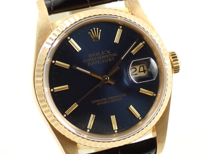 Rolex Datejust Ref. 16018 Yellow Gold Blue Dial Leather Strap Pre-owned 82UR5934
