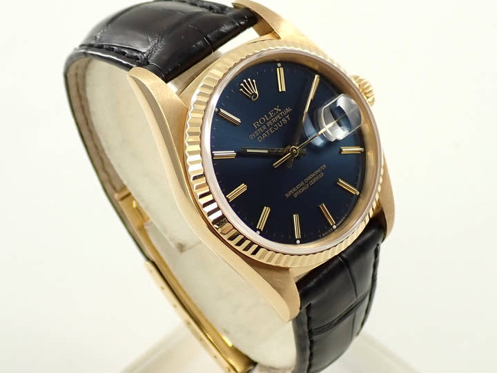 Rolex Datejust Ref. 16018 Yellow Gold Blue Dial Leather Strap Pre-owned 82UR5934