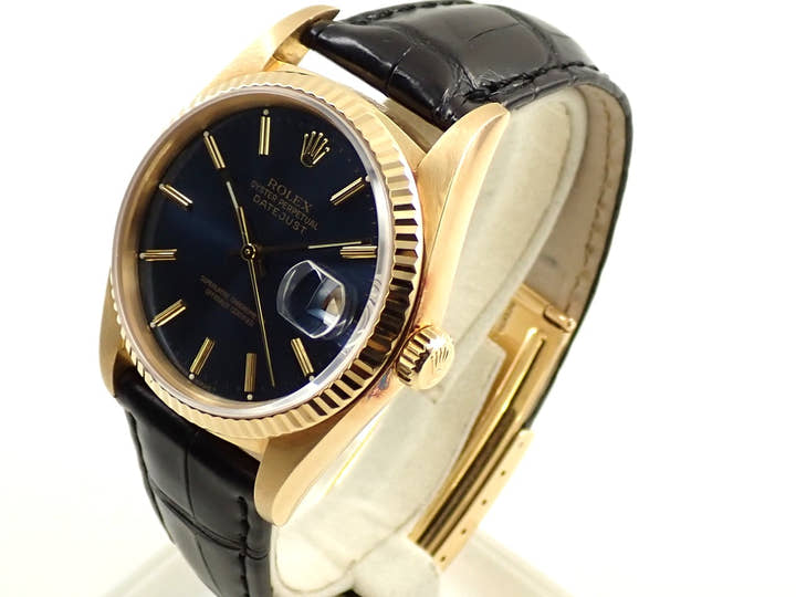 Rolex Datejust Ref. 16018 Yellow Gold Blue Dial Leather Strap Pre-owned 82UR5934
