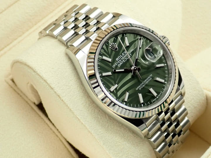 ロレックス デイトジャスト36 Ref.126234 ステンレススチール/ホワイトゴールド オリーブグリーン パームモチーフ文字盤 ジュビリーブレスレット