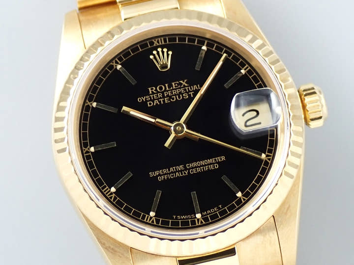 ロレックス デイトジャスト Ref.68278 イエローゴールド ブラック文字盤 プレジデントブレスレット 中古 ZW9ZT590