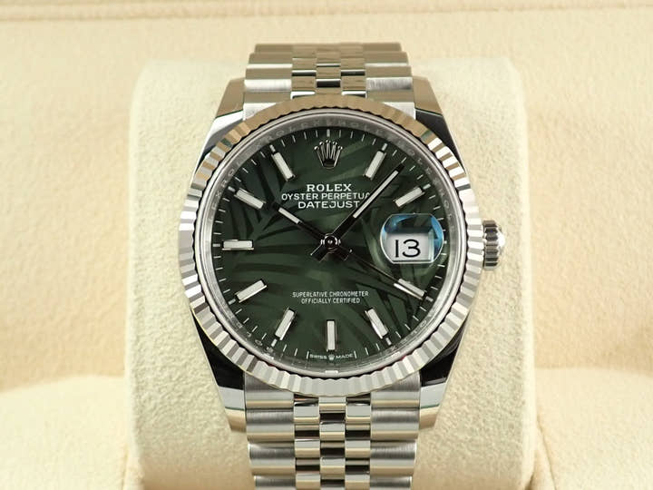 ロレックス デイトジャスト36 Ref.126234 ステンレススチール/ホワイトゴールド オリーブグリーン パームモチーフ文字盤 ジュビリーブレスレット