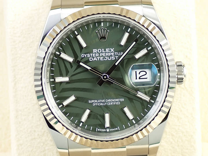 ロレックス デイトジャスト36 Ref.126234 ステンレススチール/ホワイトゴールド グリーンパーム文字盤 オイスターブレスレット