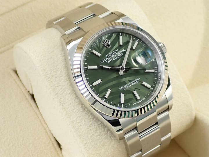 ロレックス デイトジャスト36 Ref.126234 ステンレススチール/ホワイトゴールド グリーンパーム文字盤 オイスターブレスレット