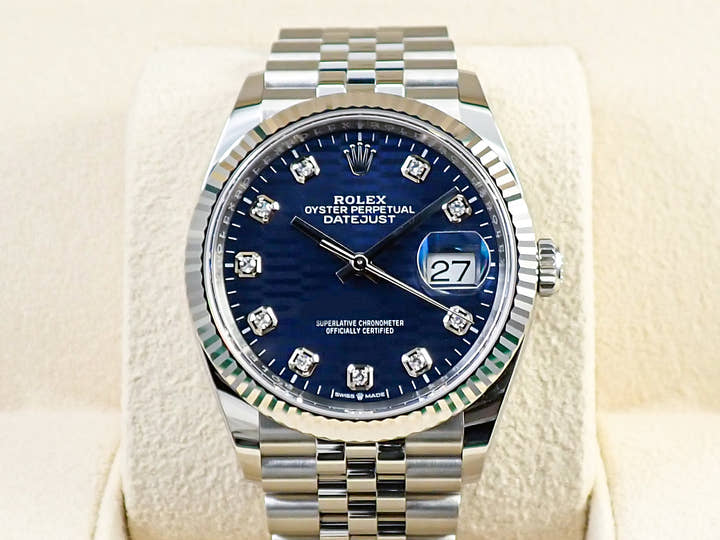 ロレックス デイトジャスト36 Ref.126234G ステンレススチール/ホワイトゴールド ブライトブルー フルーテッドモチーフx10Pダイヤ文字盤 ジュビリーブレスレット 未使用 L80295F5