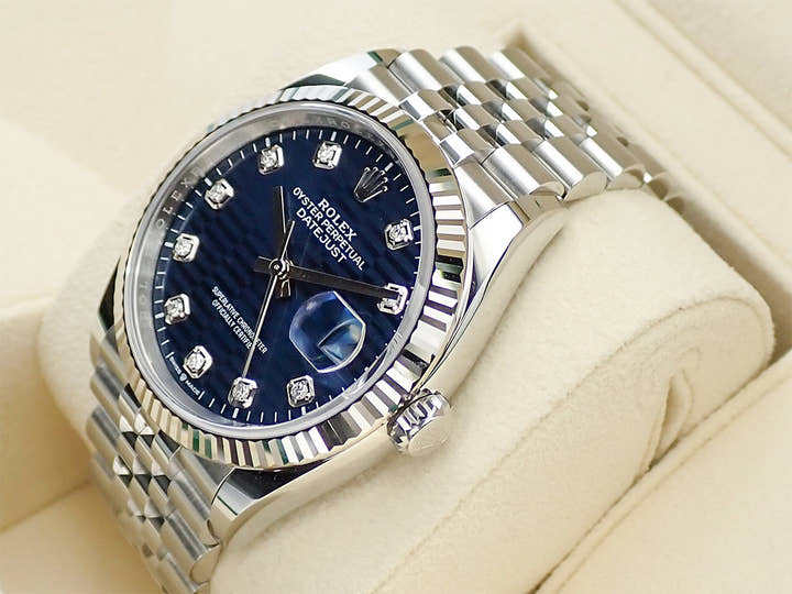 ロレックス デイトジャスト36 Ref.126234G ステンレススチール/ホワイトゴールド ブライトブルー フルーテッドモチーフx10Pダイヤ文字盤 ジュビリーブレスレット 未使用 L80295F5