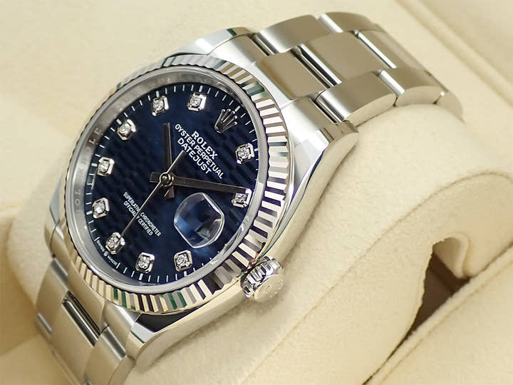 ロレックス デイトジャスト36 Ref.126234G ステンレススチール/ホワイトゴールド ブライトブルー フルーテッドモチーフx10Pダイヤ文字盤 オイスターブレスレット 未使用 377T6X7K