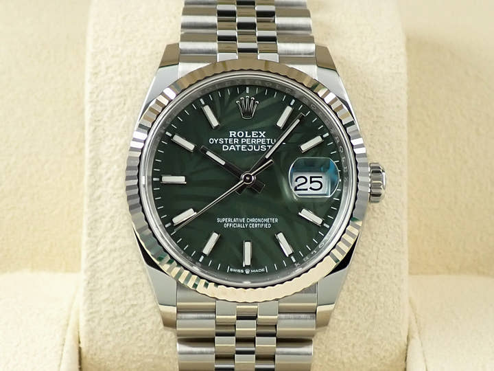 ロレックス デイトジャスト36 Ref.126234 ステンレススチール/ホワイトゴールド グリーンパーム文字盤 ジュビリーブレスレット 未使用 MU53L842