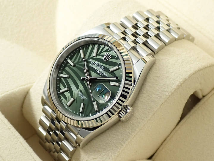 ロレックス デイトジャスト36 Ref.126234 ステンレススチール/ホワイトゴールド グリーンパーム文字盤 ジュビリーブレスレット 未使用 MU53L842