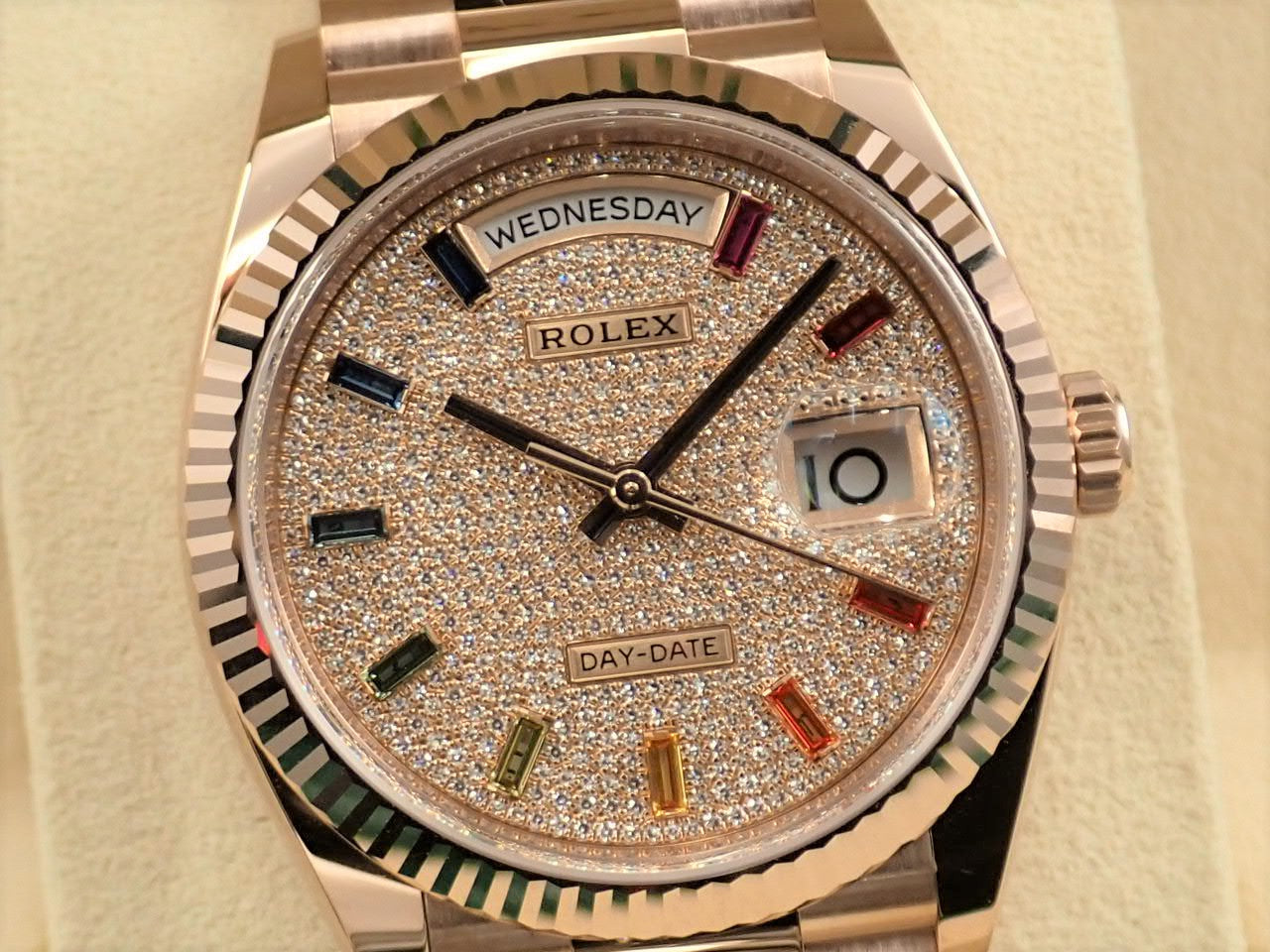 Rolex Day-Date 36 Pavé Diamond Rainbow Sapphire Dial [Unused] &lt;Warranty, Box, etc.&gt;