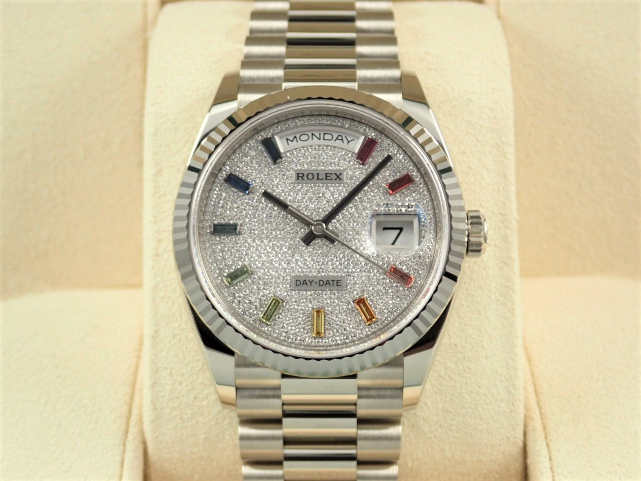 Rolex Day-Date 36 Pavé Diamond Rainbow Sapphire Dial &lt;Warranty Box and Others&gt;