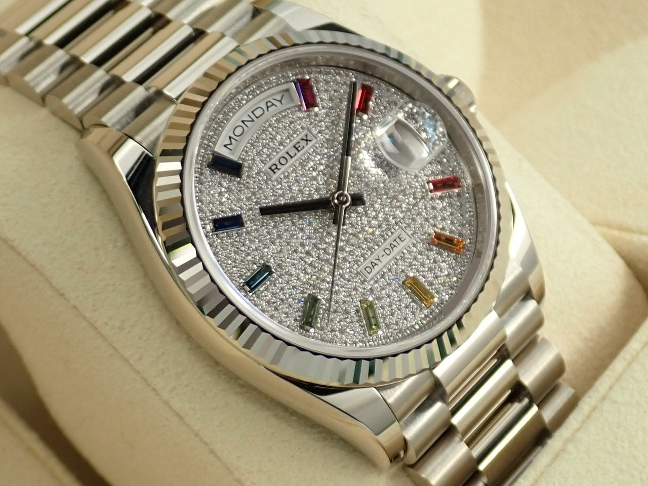 Rolex Day-Date 36 Pavé Diamond Rainbow Sapphire Dial &lt;Warranty Box and Others&gt;