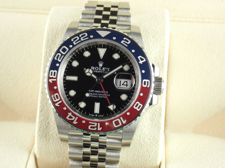 Rolex GMT-Master II Ref. 126710BLRO, black dial, unused, gmt-master2-57 Jubilee bracelet.
