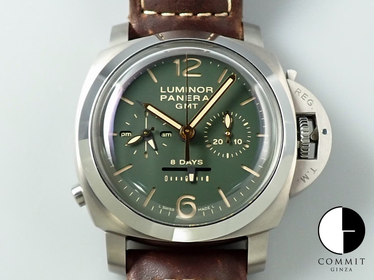 パネライ ルミノール 1950 クロノグラフ モノプルサンテ 8デイズ GMT チタニオ  Ref.PAM00737 グリーン文字盤 中古 S9PR6989