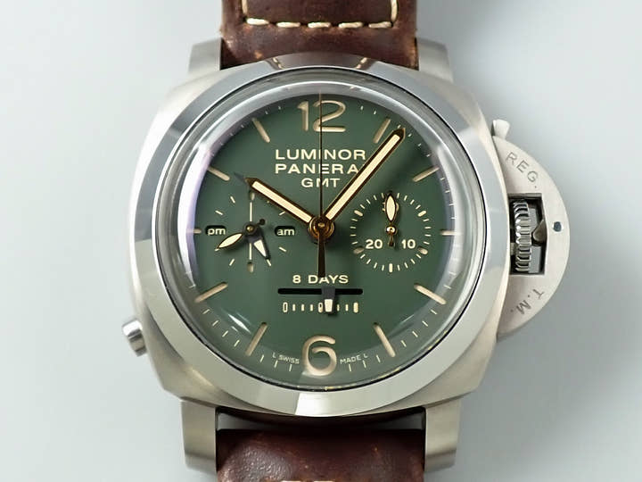 パネライ ルミノール 1950 クロノグラフ モノプルサンテ 8デイズ GMT チタニオ  Ref.PAM00737 グリーン文字盤 中古 S9PR6989